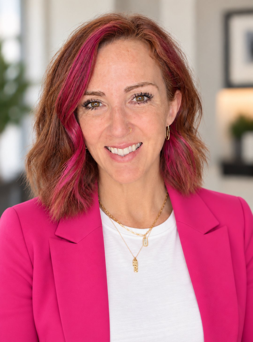 Smiling woman with shoulder-length reddish hair with pink highlights, wearing a pink blazer, white shirt, and layered gold necklaces, in an indoor setting.