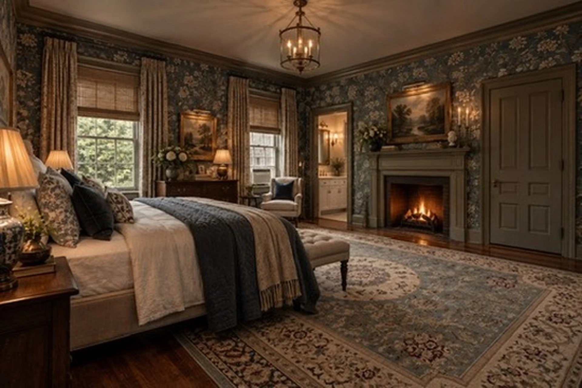 A cozy traditional bedroom with floral wallpaper, a fireplace with a fire burning, large windows with floral curtains, a bed with decorative pillows, lamps, a rug, and artwork on the walls.