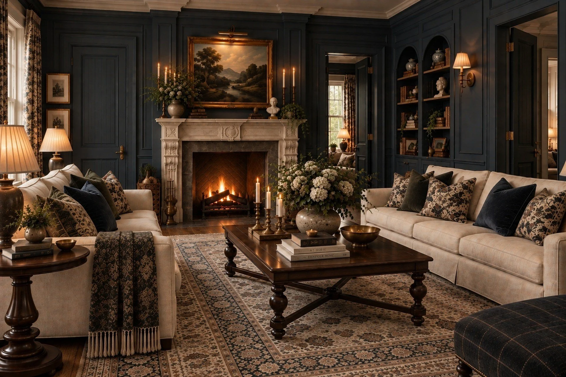 A cozy living room with dark blue paneled walls, a white marble fireplace with a fire burning, surrounded by decorative objects including candelabras, vases, and framed artwork. There are beige sofas with patterned and dark pillows, a wooden coffee t