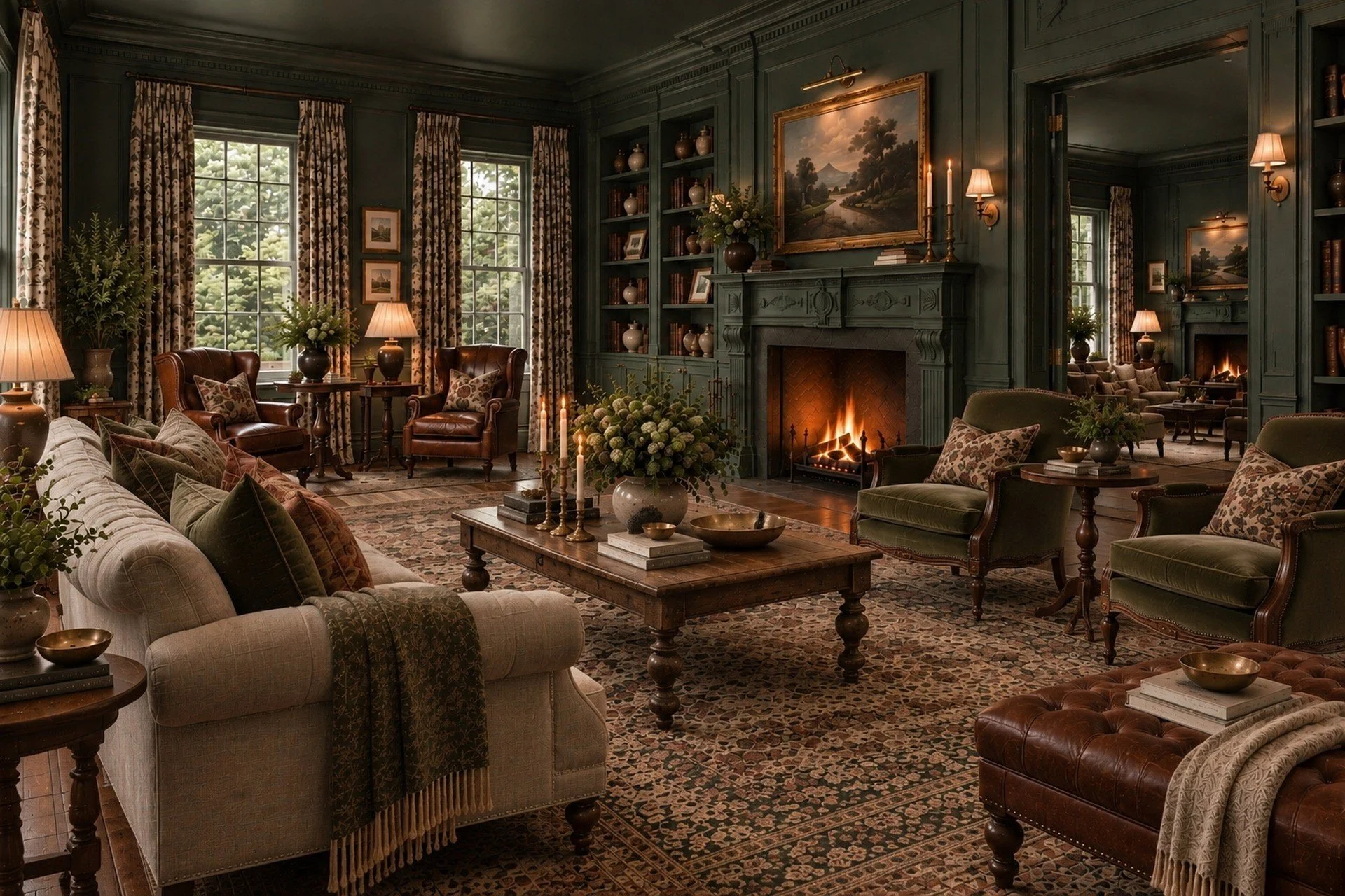 A cozy, elegant living room with green walls, a fireplace, and large windows with floral curtains. Features a white sofa with patterned cushions, leather armchairs, a wooden coffee table with decorative items, and built-in bookshelves with books and 