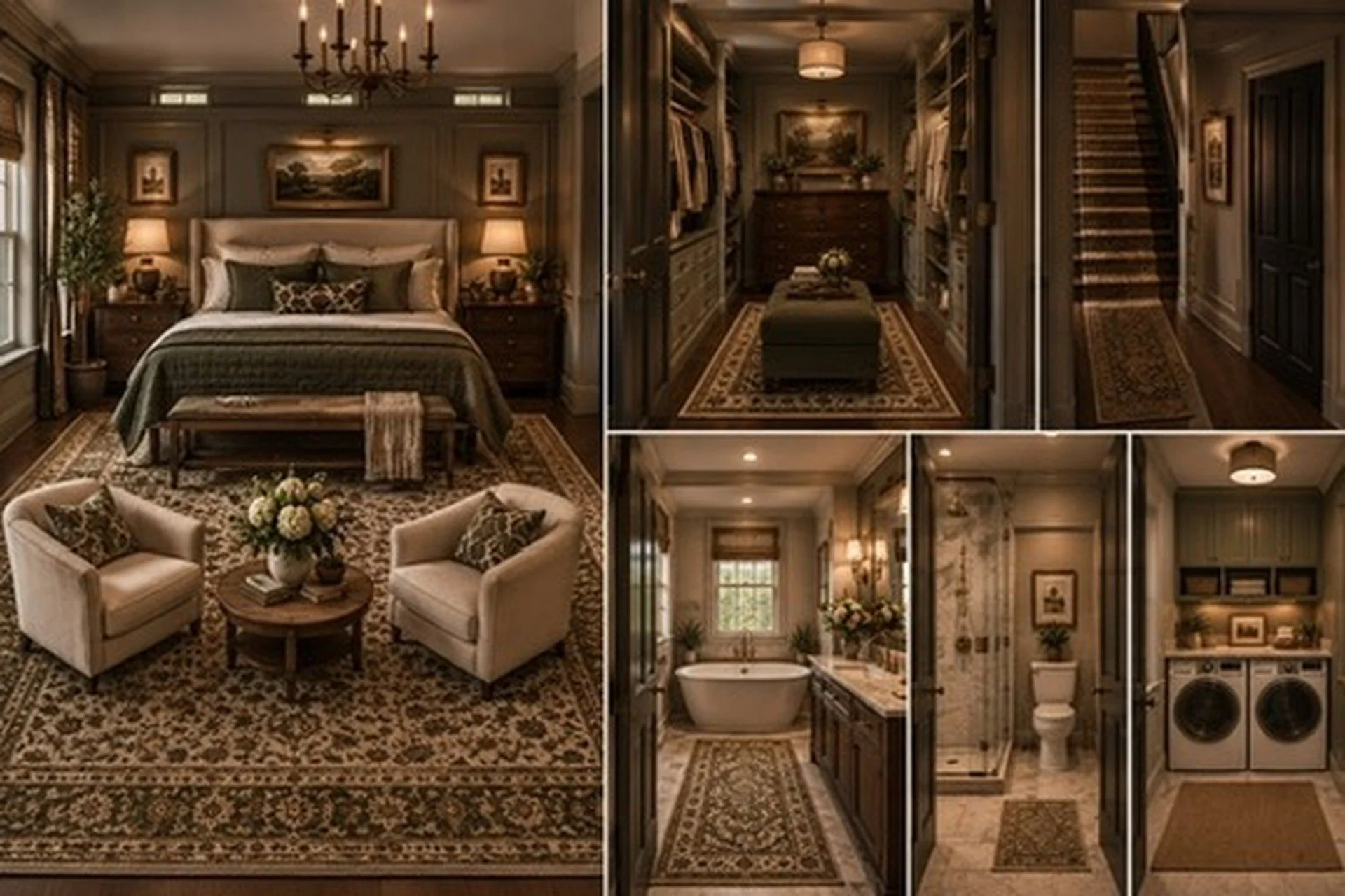 A collage of images showcasing a luxurious bedroom, walk-in closet, bathroom, and laundry room with elegant decor and furnishings.