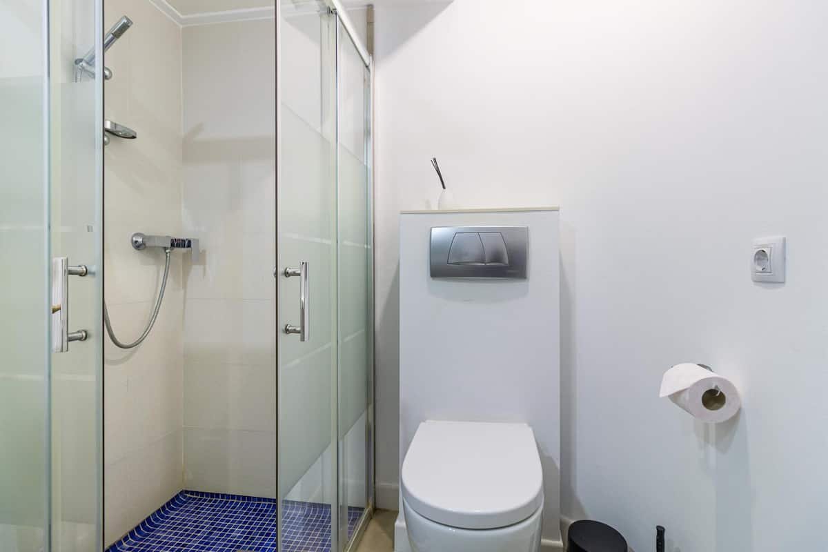 Baño pequeño con ducha de cabina de vidrio, inodoro y papel higiénico en la pared.