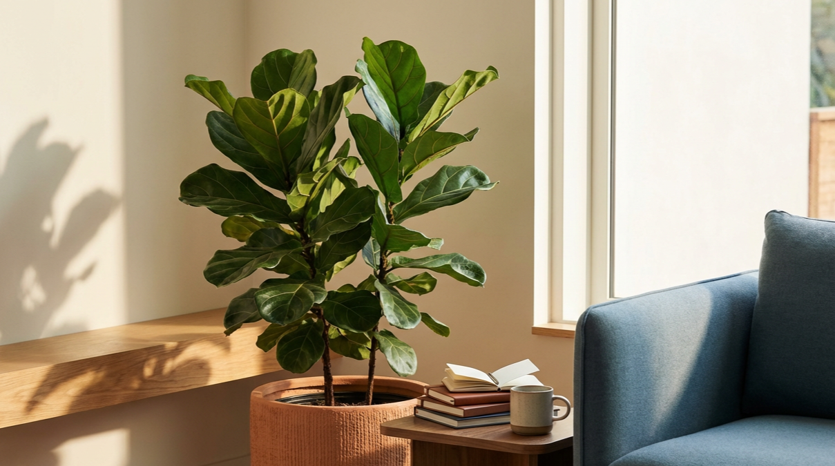 A large indoor potted plant with broad, green leaves sitting on a wooden table near a window.