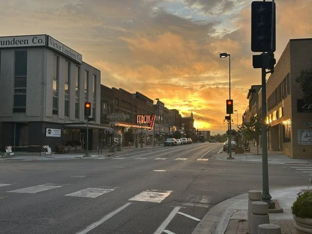Sunset image of downtown Fergus Falls, MN.