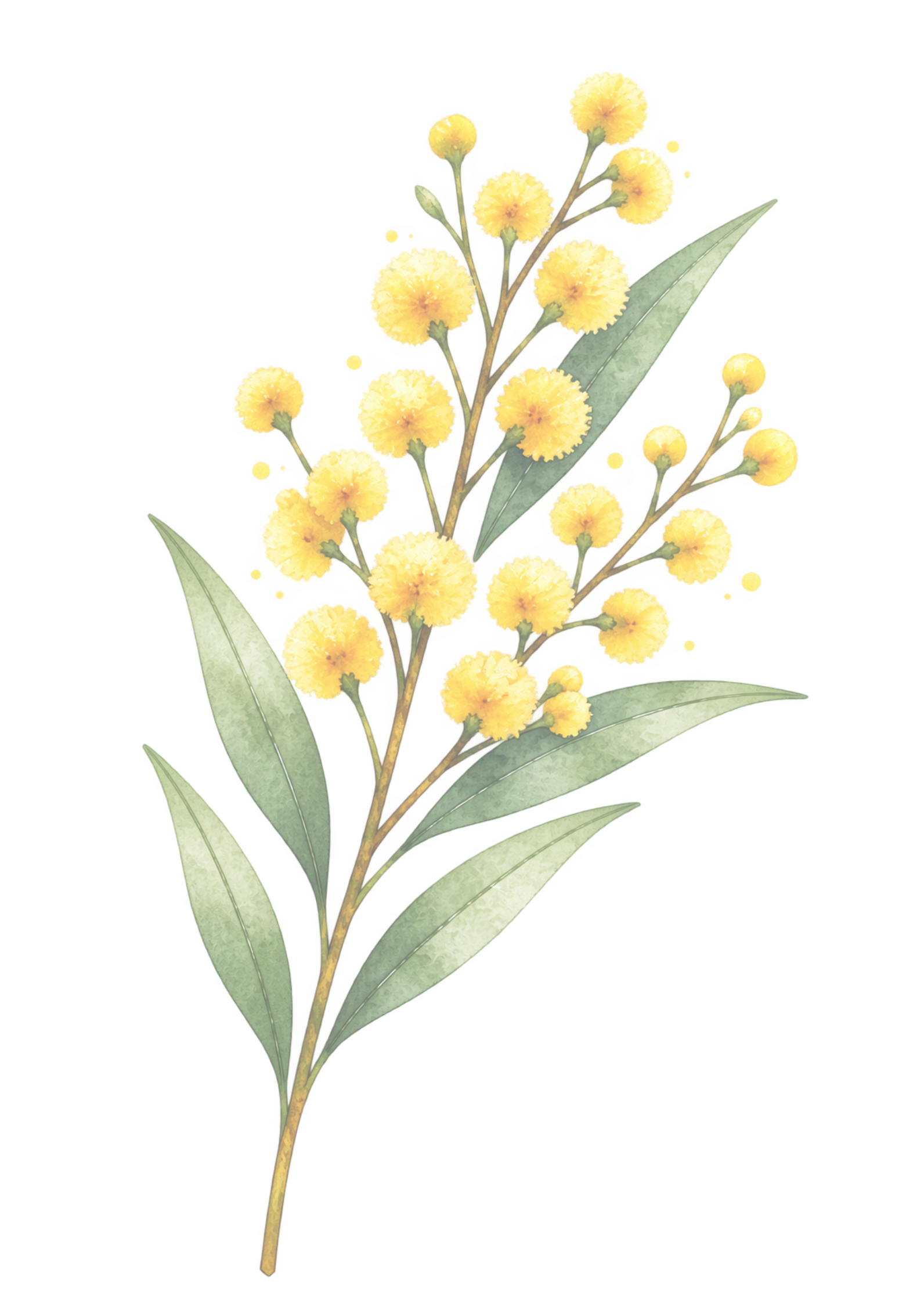 A digitally illustrated branch of yellow-orange fluffy dandelion-like flowers with long green leaves.