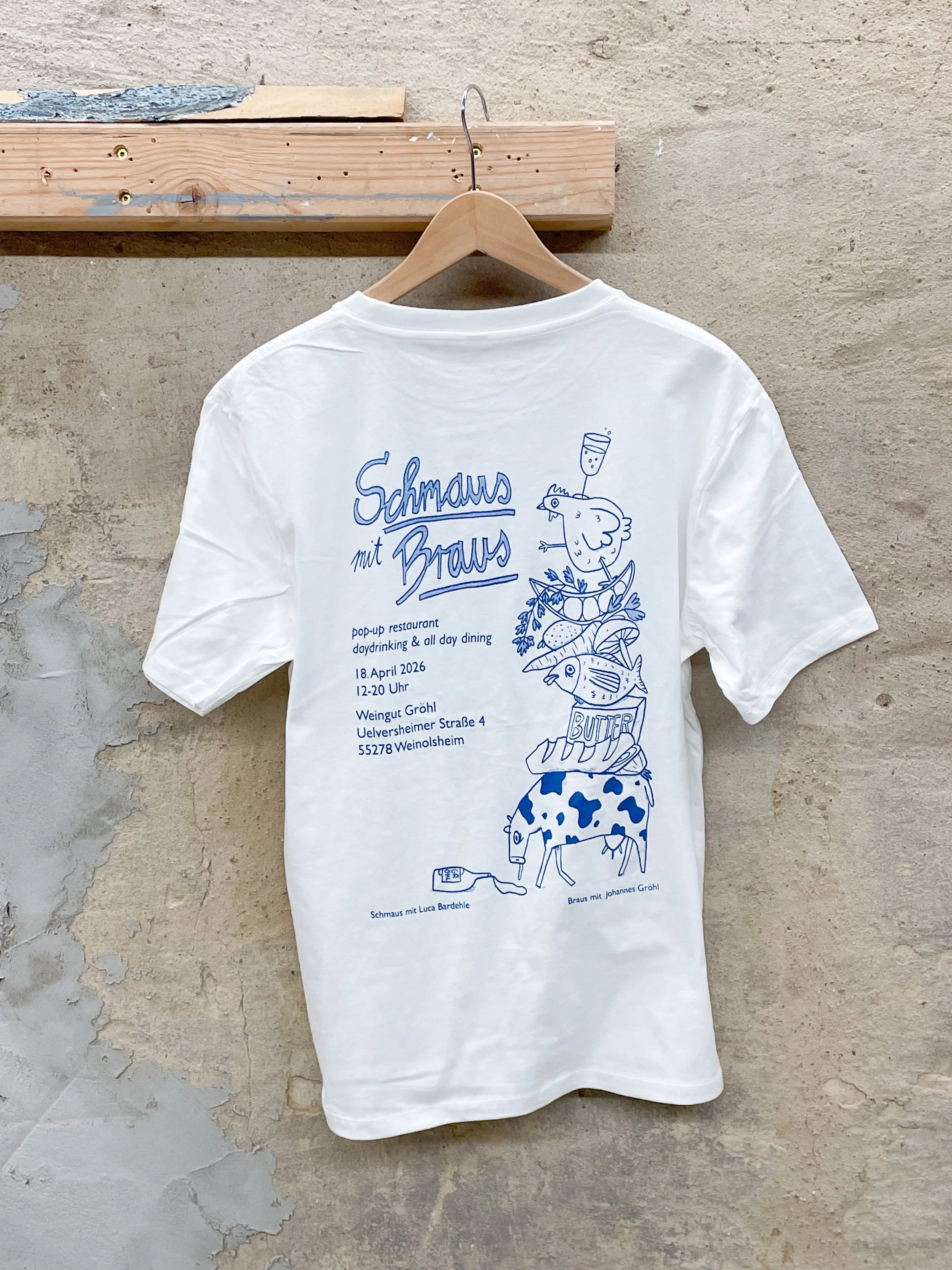 Schmaus mit Braus T-Shirts (weißes T-Shirt, blauer Aufdruck)