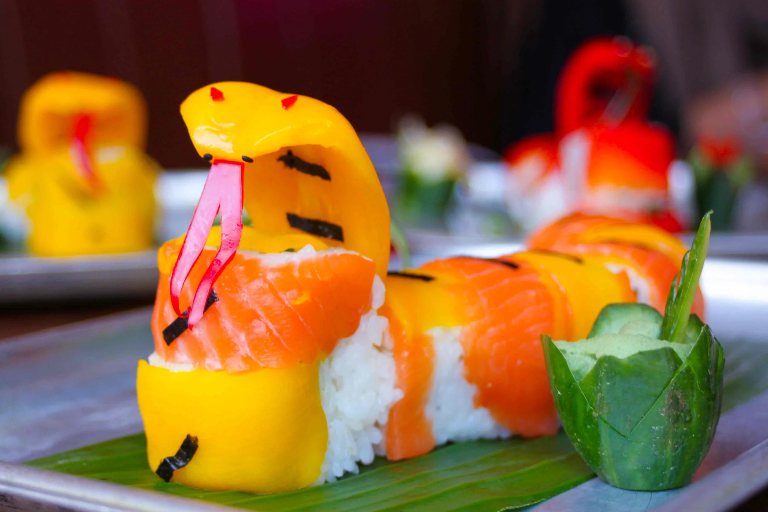 Colourful sushi in the shape of a Cobra created by inamo sukoshi as part of Lunar New Year celebrations for Year of the Snake.