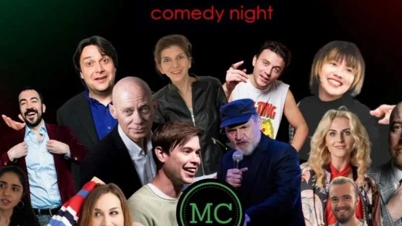 Group of comedy performers with the phrase 'comedy night' in red at the top.