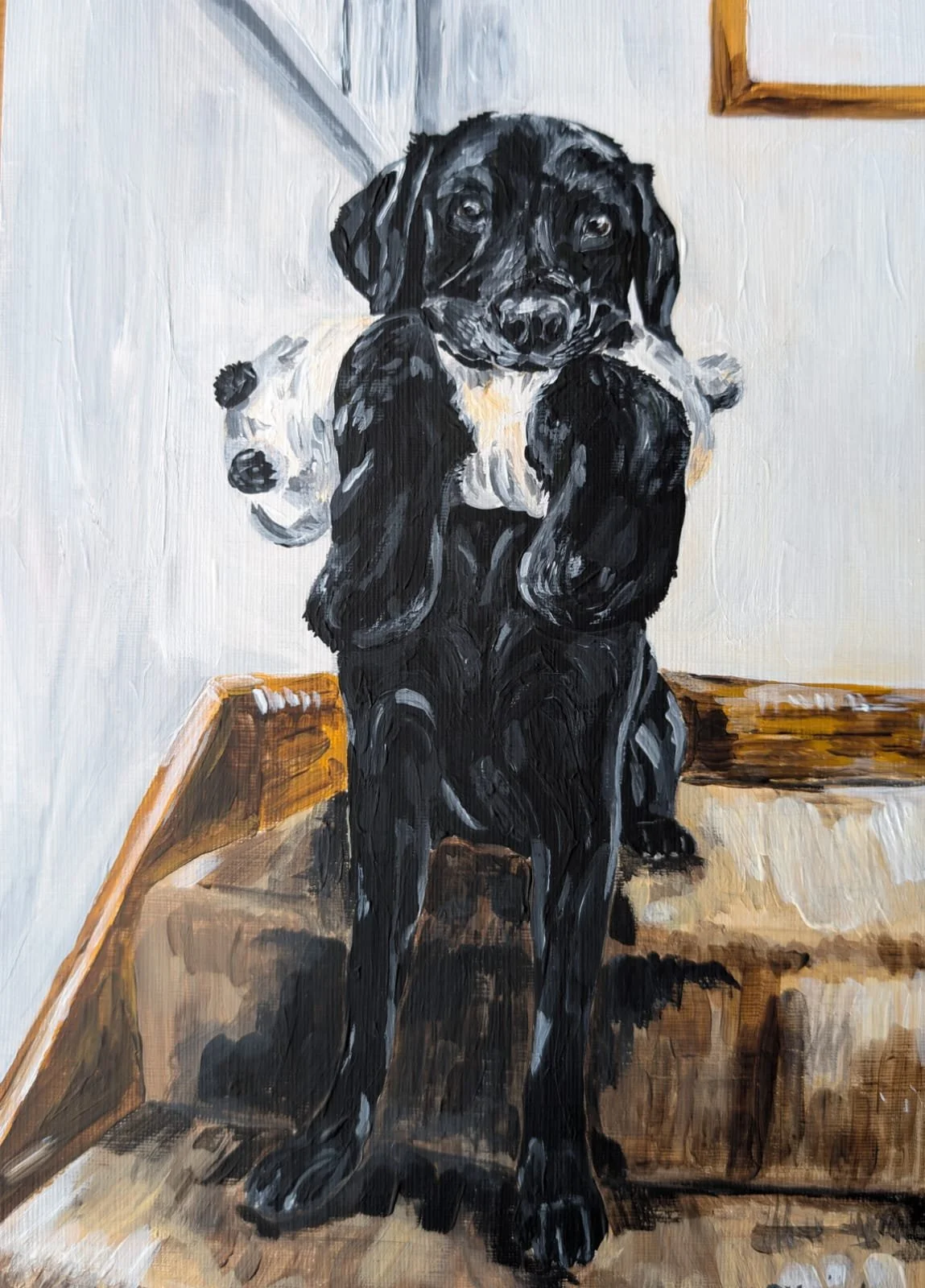Painting of a black dog sitting on a wooden staircase, staring forward with a curious expression.