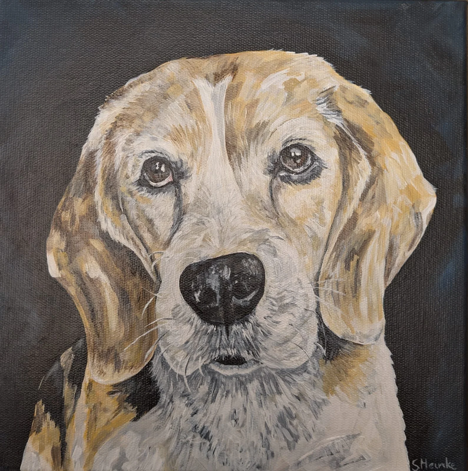 A realistic painting of a dog with expressive eyes, tan and white fur, and a black nose against a dark background.