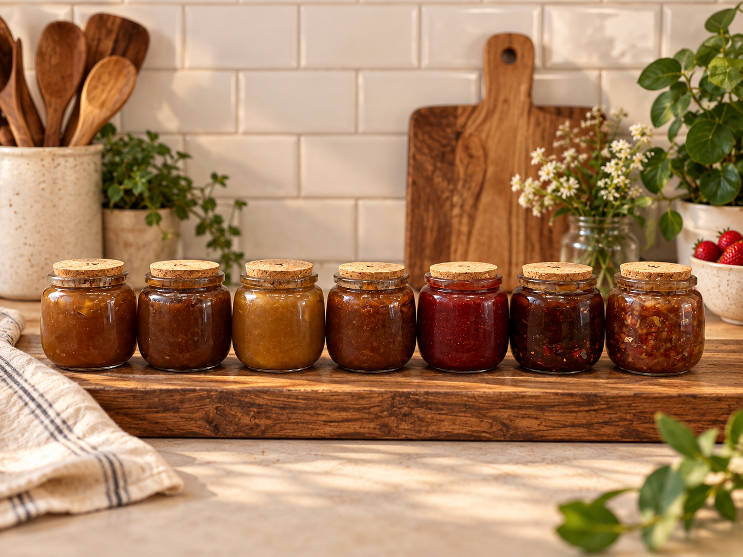 Seven jars of Ashley Jamz handcrafted fruit jams with cork lids displayed on a wooden tray in a cozy kitchen.