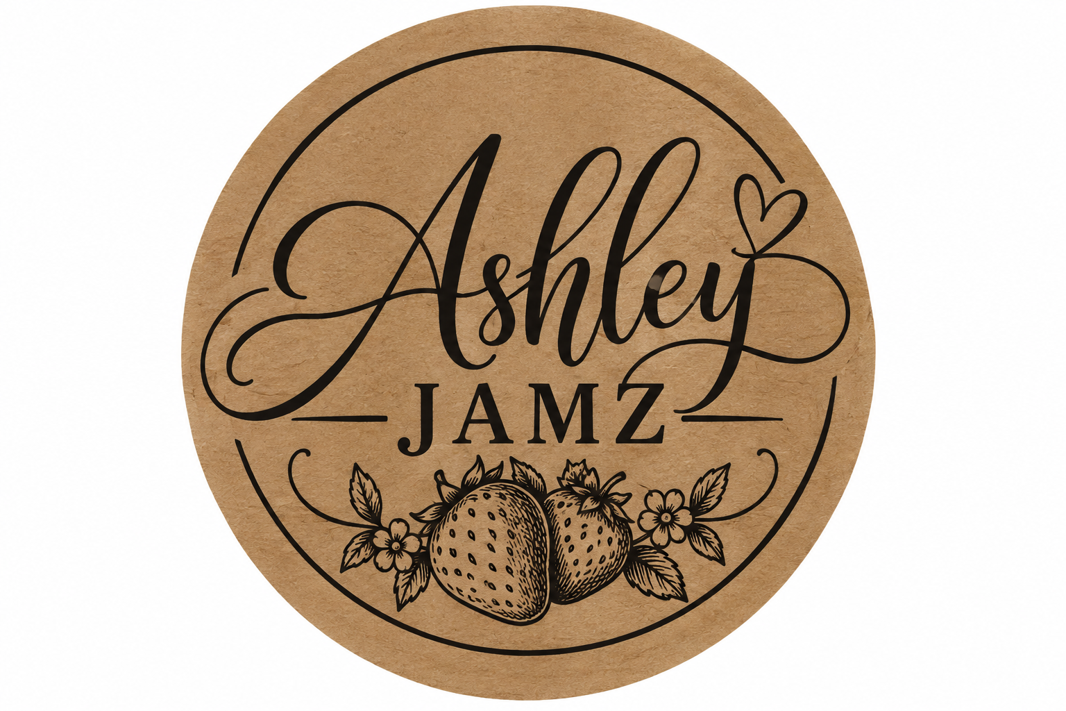 Ashley Jamz logo featuring decorative script with strawberries, flowers, and a heart.