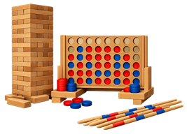 Das Bild zeigt XXL‑Holzspiele wie einen hohen Jenga‑Turm, ein Connect‑Four mit roten und blauen Scheiben sowie bunte Mikado‑Stäbe. Ideal für Events, bei denen man XXL‑Spiele mieten und abwechslungsreiche Spielangebote bereitstellen möchte.