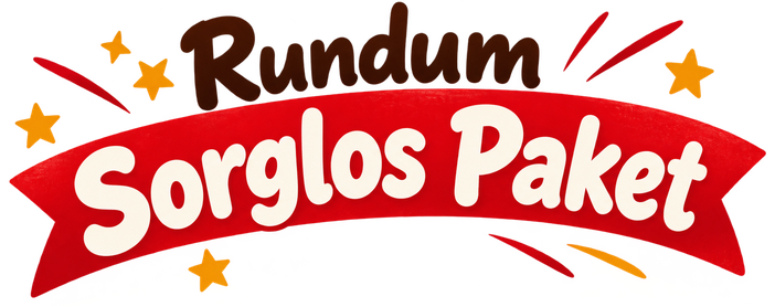 Das Bild zeigt ein farbenfrohes Banner mit dem Schriftzug ‚Rundum Sorglos Paket‘, dekoriert mit Sternen und roten Akzenten. Die Grafik eignet sich ideal für Eventservice, Angebote und Komplettpakete in Nürnberg.