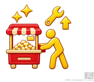 Eine Grafik von einem Verkäuferstand mit Popcorn, einem Handwerkzeug und einem Pfeil nach oben, sowie einer Person, die das Popcorn verkauft.