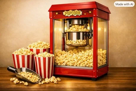 Das Bild zeigt eine klassische rote Popcornmaschine, gefüllt mit frischem Popcorn in rot‑weiß gestreiften Bechern. Die Szene vermittelt nostalgisches Kino‑ und Event‑Feeling – ideal für Popcornmaschine zum mieten in Nürnberg.