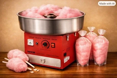 Das Bild zeigt eine rote Zuckerwattenmaschine, die frische rosa Zuckerwatte produziert. Daneben liegen abgepackte Zuckerwatte‑Beutel mit fertiger Zuckerwatte. Ideal für Events, bei denen man eine Zuckerwattenmaschine in Nürnberg mieten möchte.