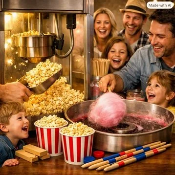 Das Bild zeigt Popcornmaschine und Zuckerwattenmaschine im Einsatz, umgeben von gut gelaunten Gästen. Frisches Popcorn und rosa Zuckerwatte sorgen für Event‑Stimmung – ideal für Popcorn‑ und Zuckerwattenmaschine mieten in Nürnberg.