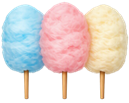 Das Bild zeigt bunte Zuckerwatte in Blau, Rosa und Gelb auf Holzstäben. Die farbenfrohen Süßwaren eignen sich perfekt für Events und Feiern – ideal für Angebote rund um Zuckerwatte mieten und Eventservice in Nürnberg.
