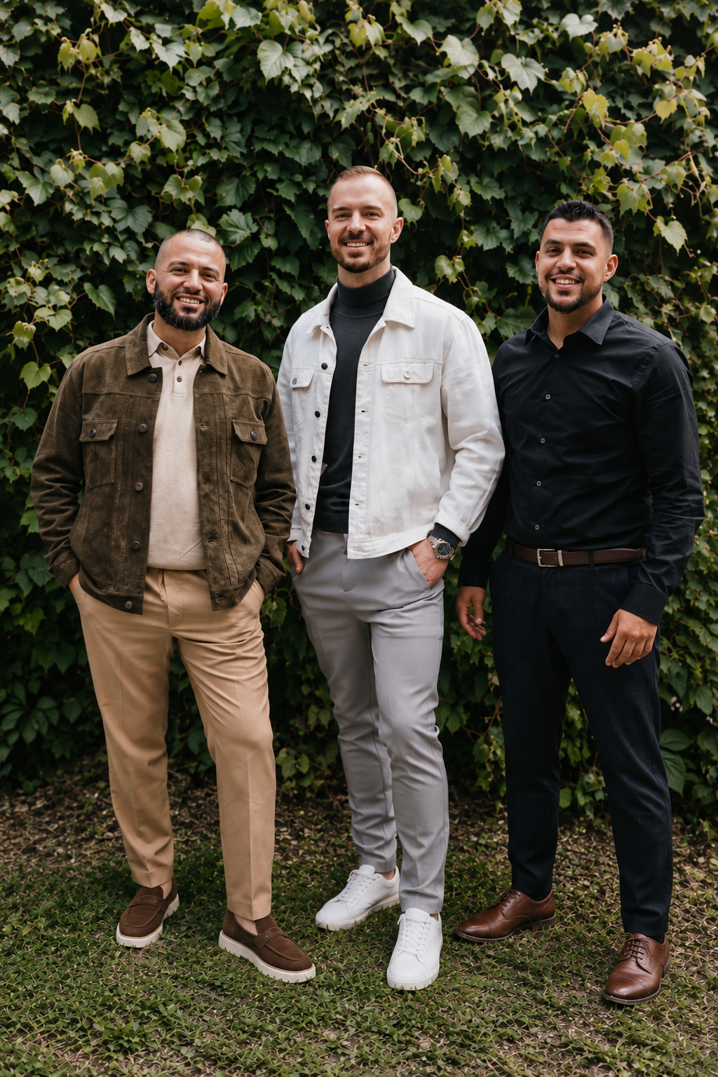 Three men standing outdoors in front of a leafy green wall, dressed in stylish casual clothing, smiling at the camera.