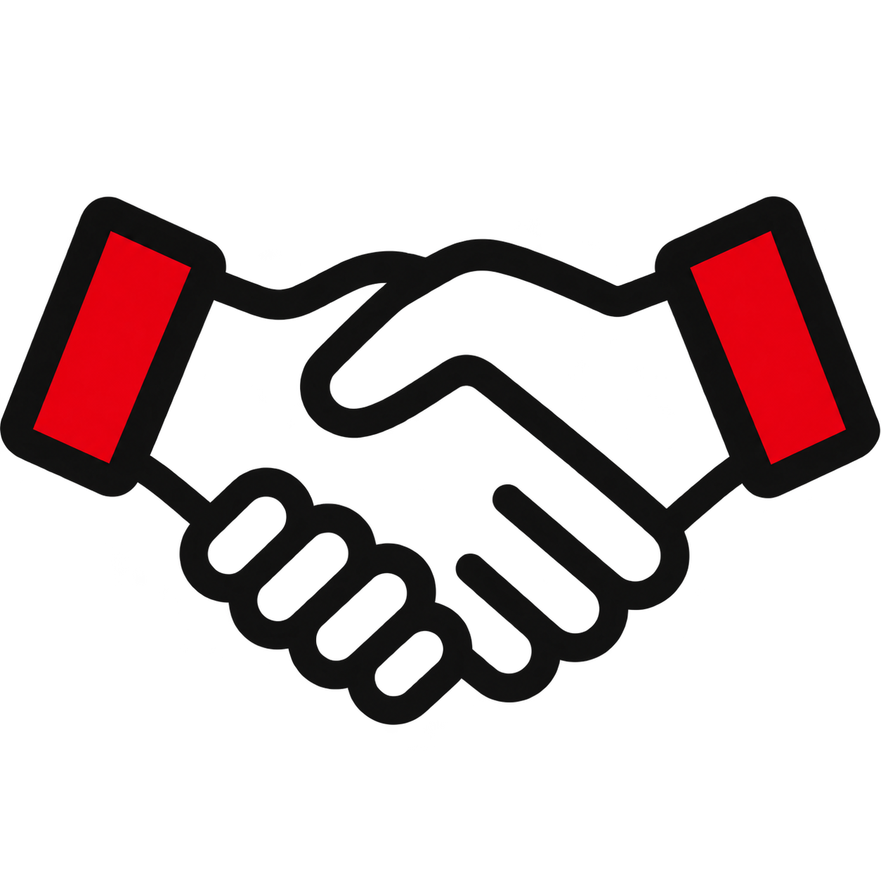 Stylized black handshake icon with red accents on cuffs.