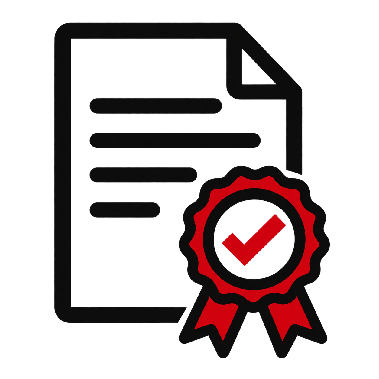 Icon of a document with a certification badge featuring a checkmark.