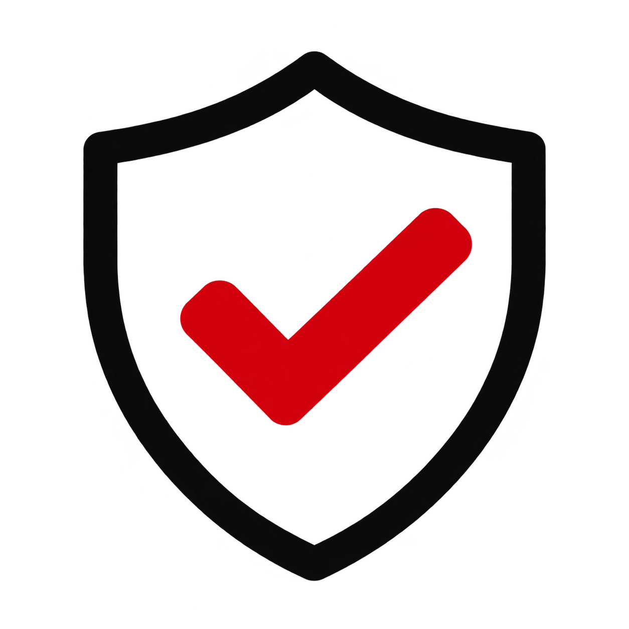 A shield with a black outline and a red checkmark symbol inside.
