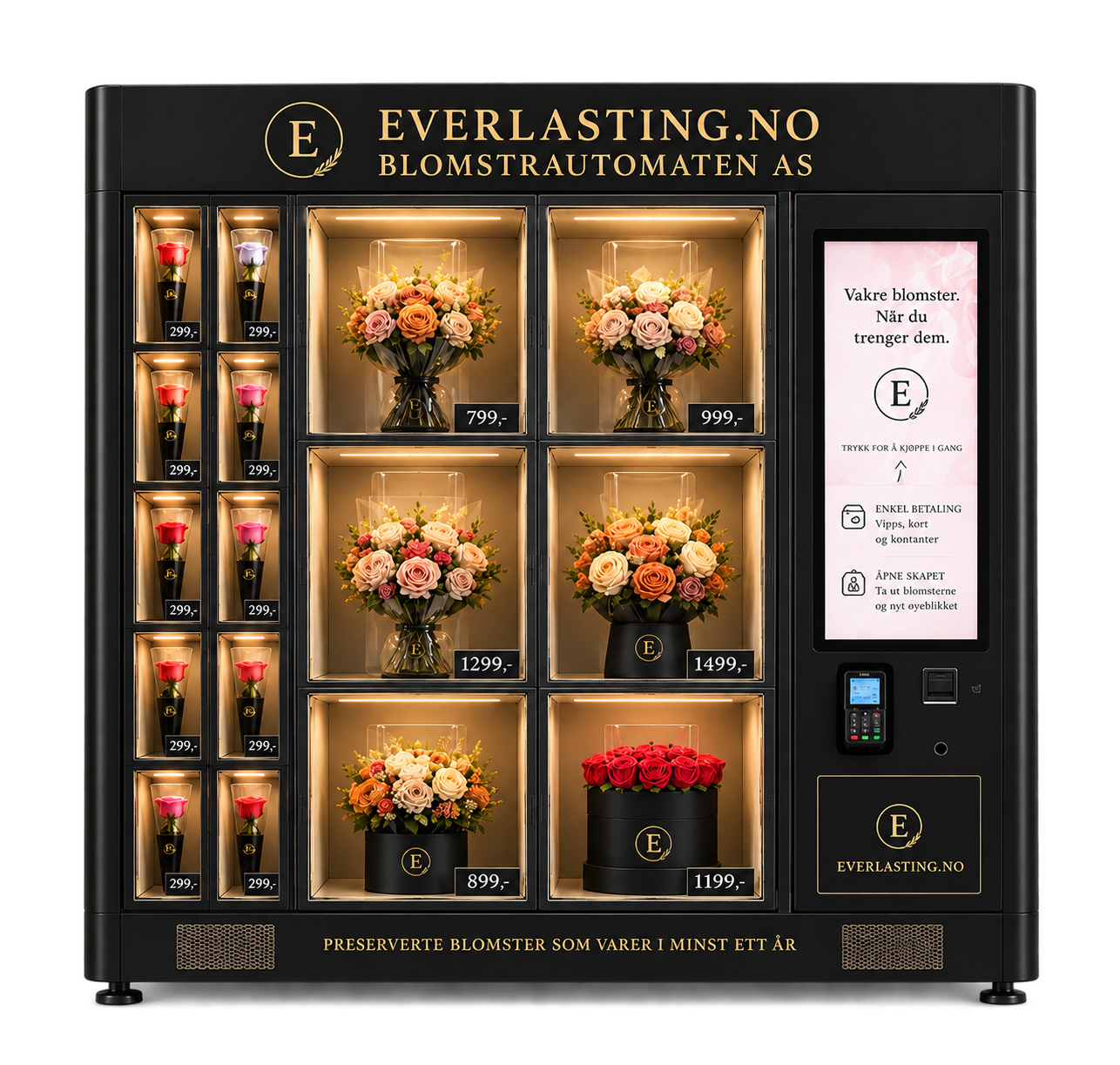 Sort blomsterautomat fra Everlasting.no med vakre konserverte blomster og roser