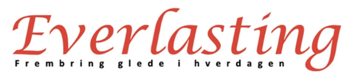 Everlasting logo i rød med stilisert skrift og teksten «Frembring glede i hverdagen»