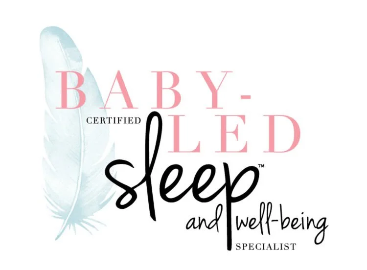 Text that reads 'Certified Baby-Led Sleep and Well-Being Specialist' with a white feather on a light pink background.