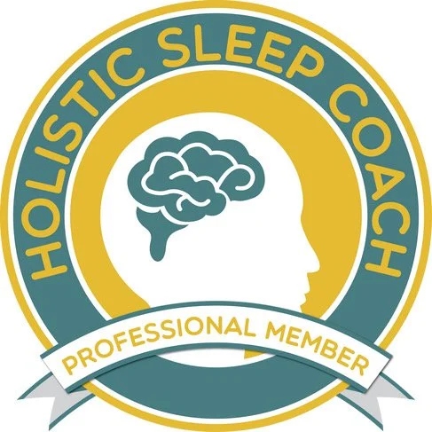 Logo for Holistic Sleep Coach featuring a silhouette of a person's head with a brain illustration inside, surrounded by a circular yellow and teal border, with a banner reading 'Professional Member'.