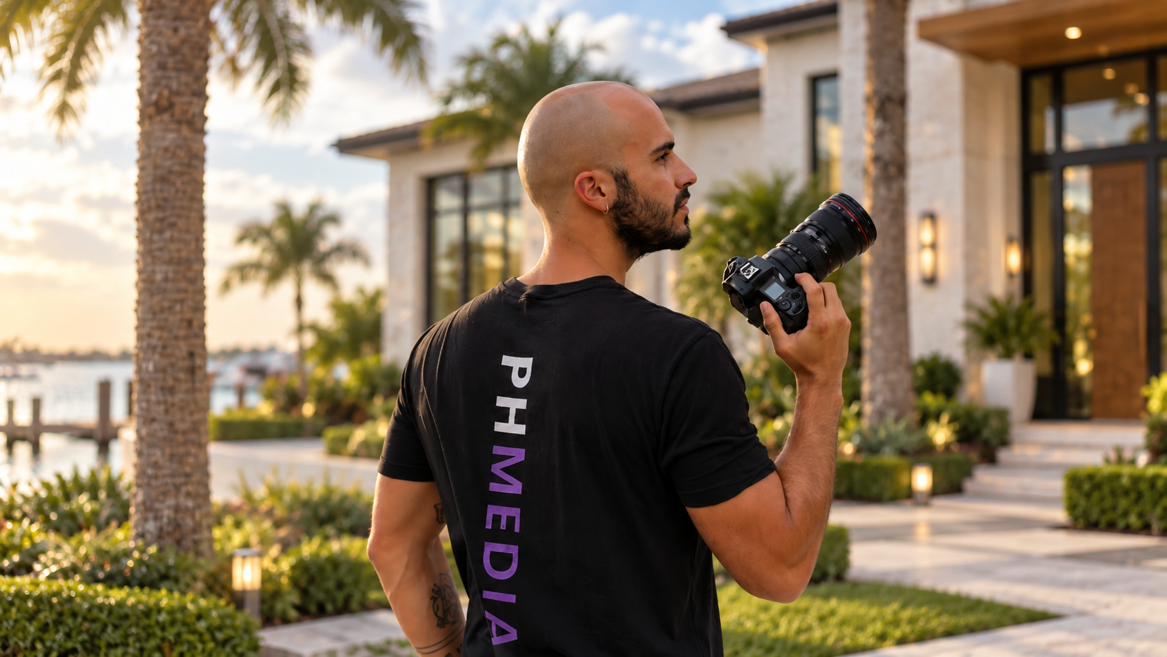 A real estate photographer in south florida taking photos of a luxury home looking professional.
