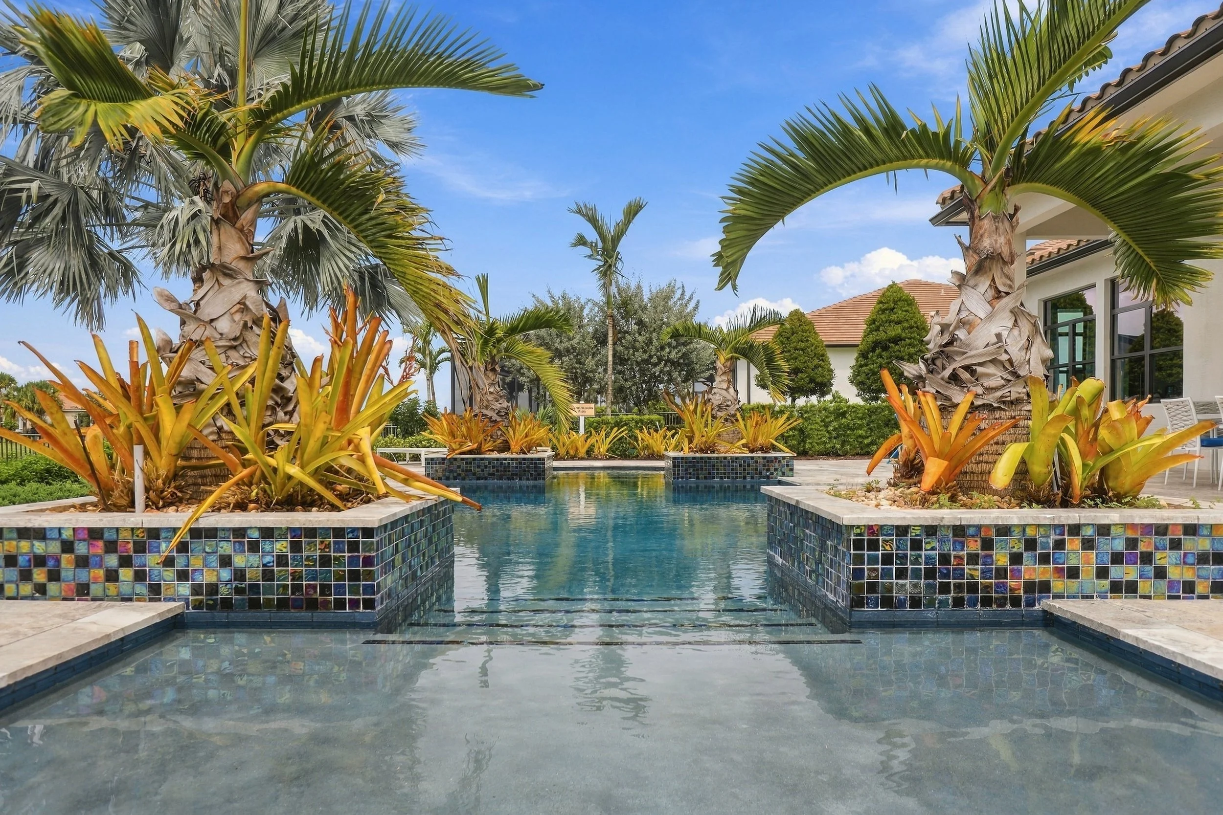 A backyard with a swimming pool surrounded by palm trees, colorful plants, and a house with a tiled roof under a clear blue sky.