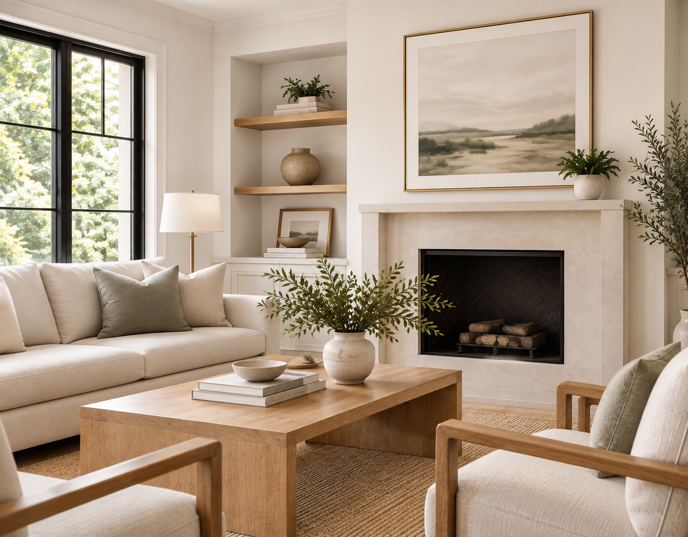Living room with large window, beige sofa with pillows, wooden coffee table with a plant and books, fireplace with a framed landscape painting above, shelves with decorative items, and potted plants.