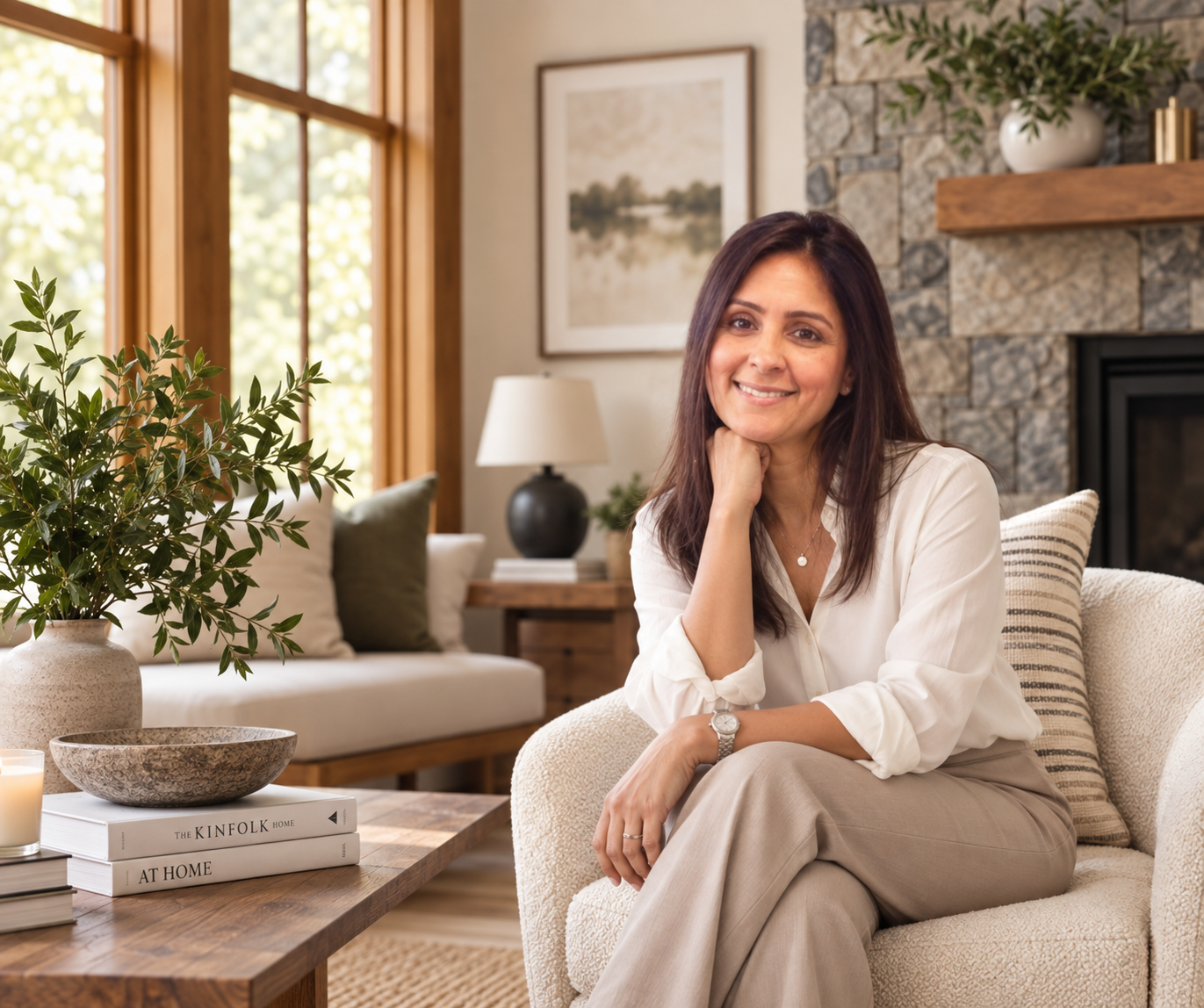 A woman with shoulder-length brown hair wearing a white blouse and beige pants sitting on a cream sofa in a cozy living room, smiling with her chin resting on her hand. The room features a stone fireplace, a large window with wooden trim, and decor including books, a potted plant, a lamp, and framed artwork.