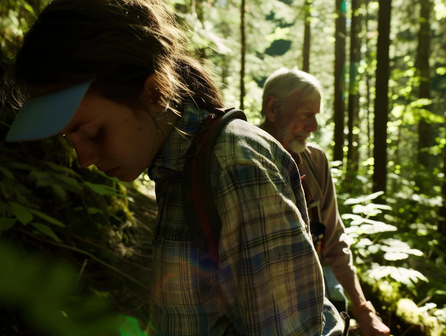 Two people, a young woman and an older man, are hiking through a forest. They are looking down, with sunlight filtering through the trees, highlighting their faces and surroundings.