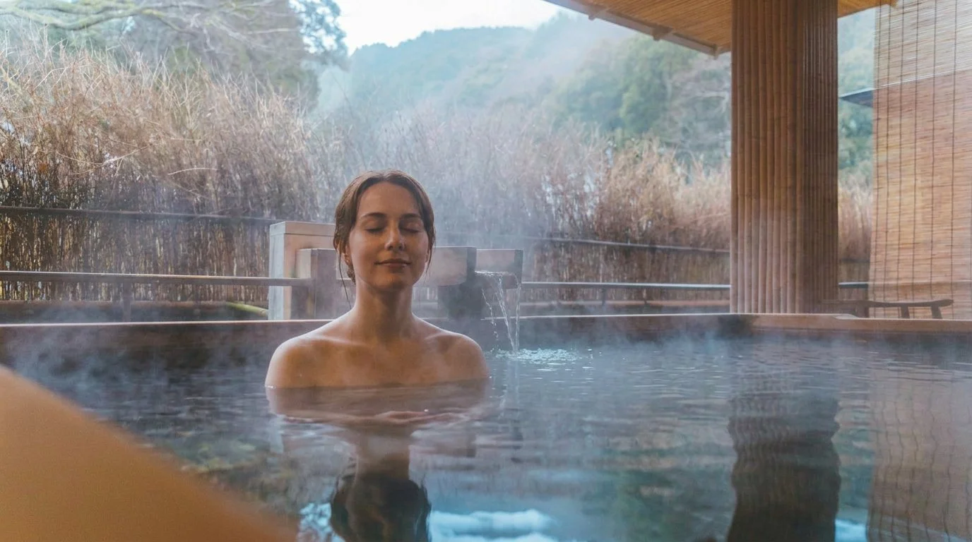 A woman relaxing in an outdoor hot spring bath with mountains and trees in the background.