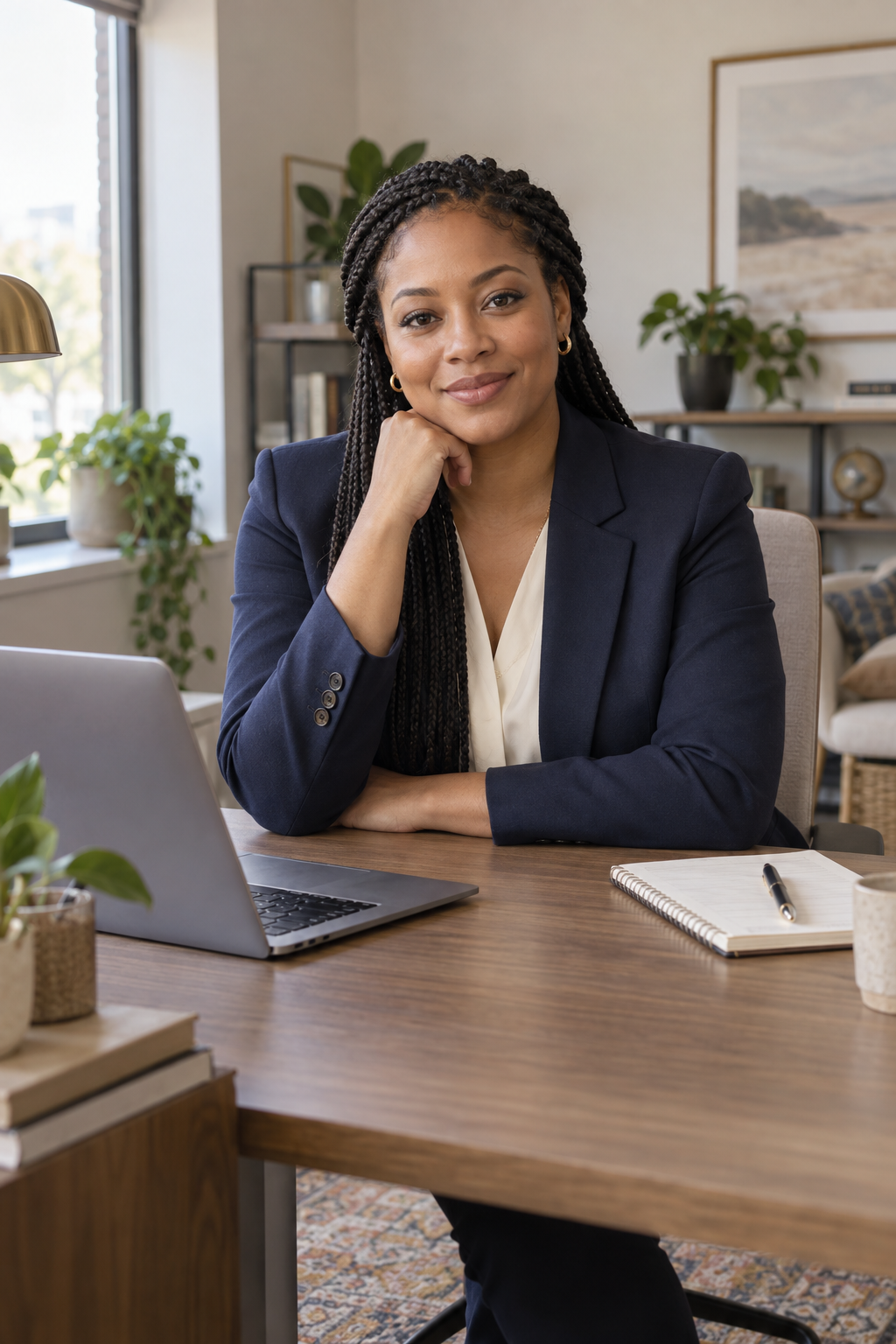 AI-generated illustration of a professional woman with braids at a desk in a small, welcoming office.