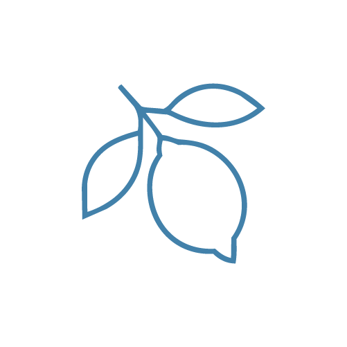 Outline drawing of two lemons with leaves on a black background.
