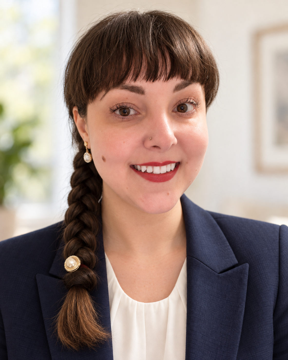 Nahaufnahme einer lächelnden Frau mit braunem Haar in Zopf, im Büro, trägt Blazer und Ohrringe.