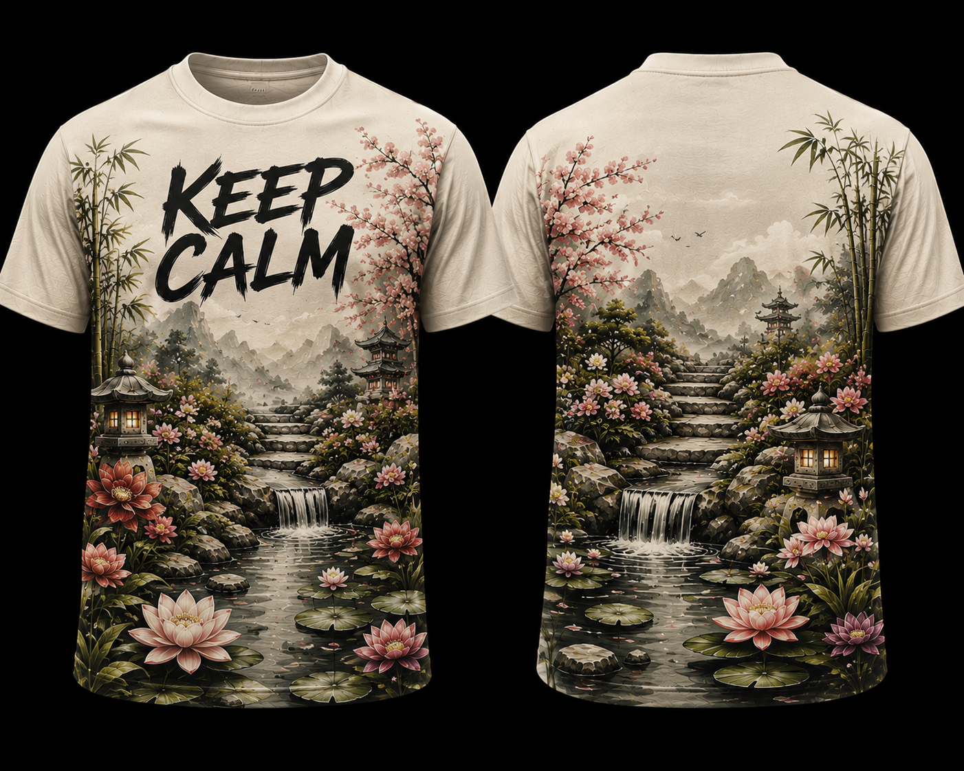 Front and back view of a cream Japanese-inspired T-shirt with “KEEP CALM” lettering, bamboo, cherry blossoms, pagodas, mountains, waterfalls, and lotus flowers.