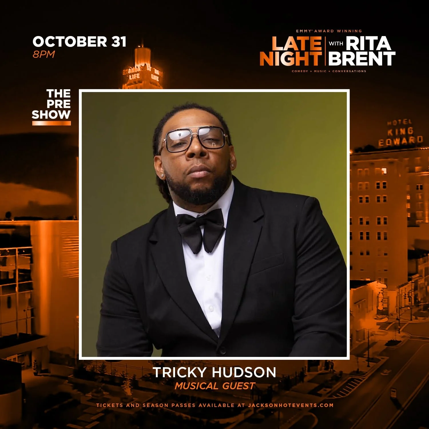 Event poster for Late Night with Rita Brent featuring musical guest Tricky Hudson on October 31 at 8 PM.