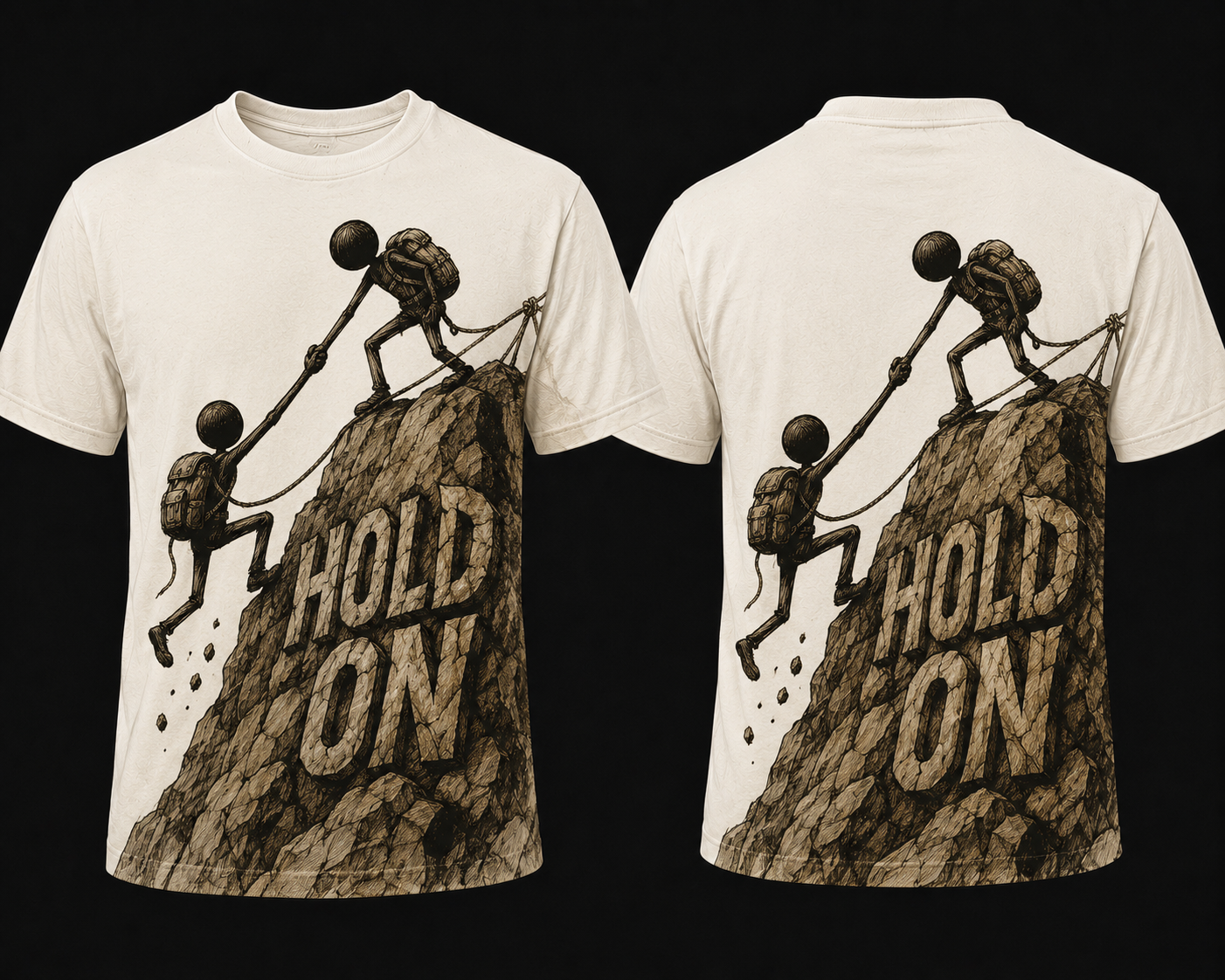 Front and back views of a cream graphic T-shirt featuring illustrated climbers scaling a rocky mountain with bold text