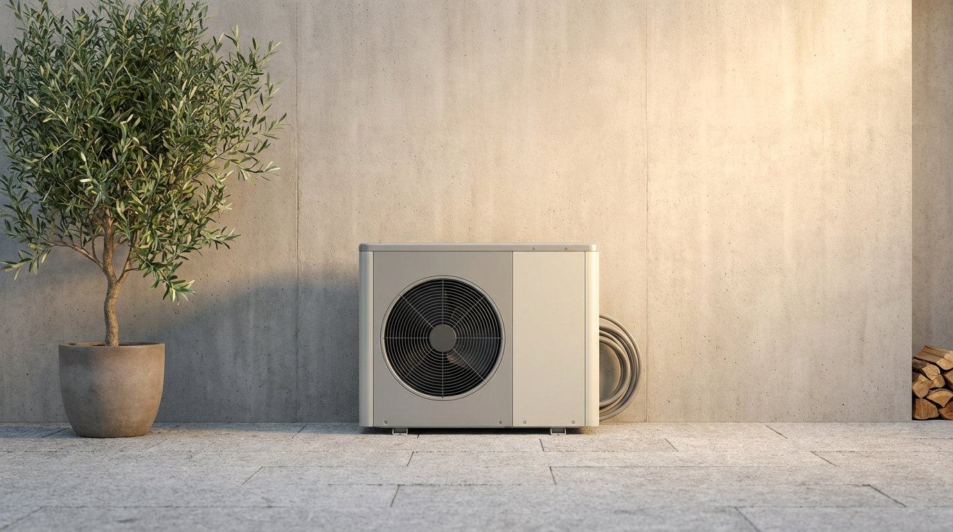 Outdoor residential heat pump beside a home