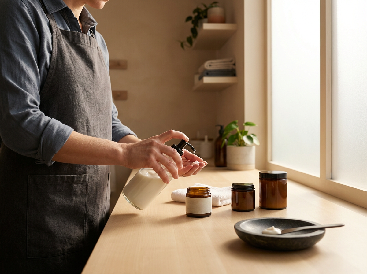 Person in gray apron and shirt pouring cream from a pump bottle into a black dish near brown jars and a white towel on a wooden counter by a frosted window.
