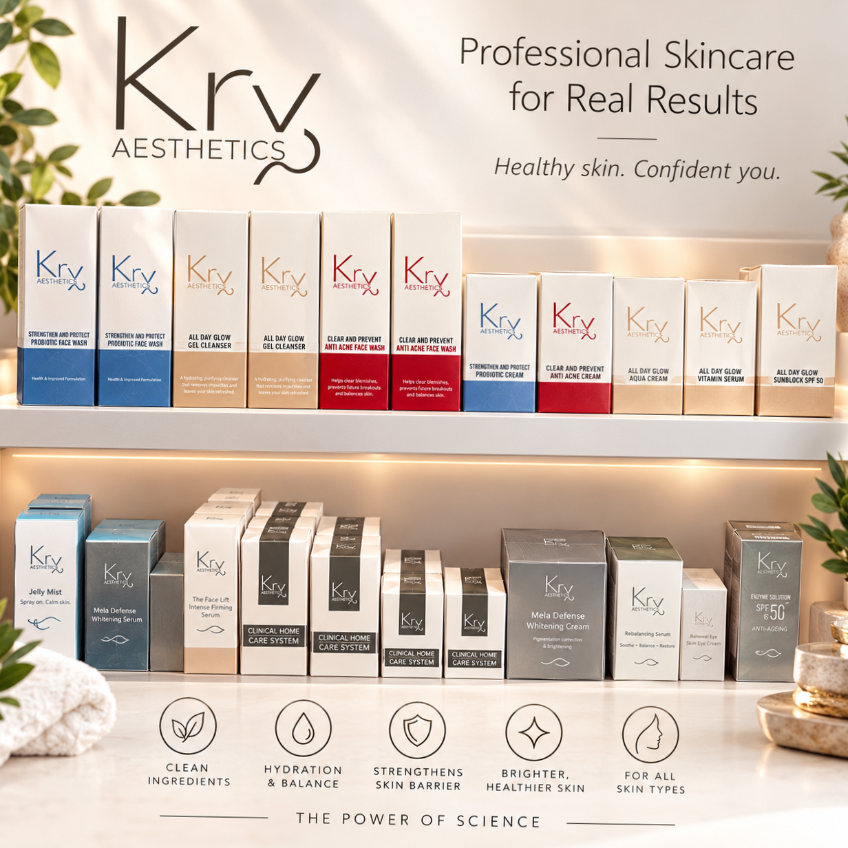 Display of skincare products from Krv Aesthetics on a shelf, including face masks, creams, and serums, with a promotional banner emphasizing professional skincare for healthy skin and confidence.
