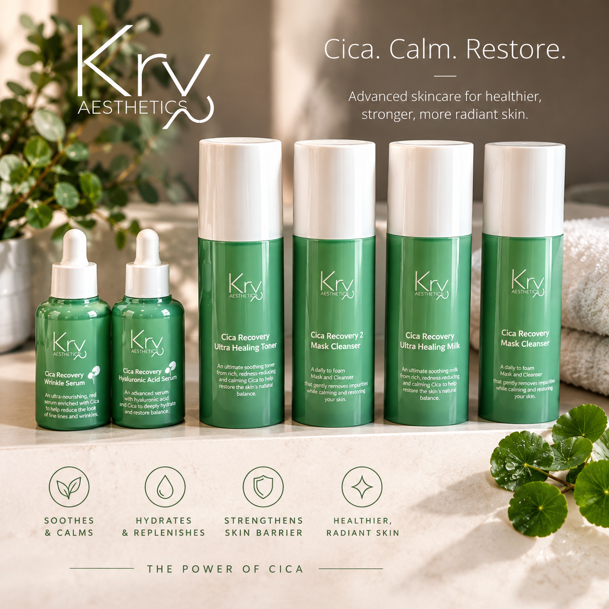 A collection of skincare products from Krv Aesthetics, including serums, toners, mask cleansers, and a milk serum, arranged on a light-colored surface with green leaves and a soft background. The products are green bottles with white caps and labels,
