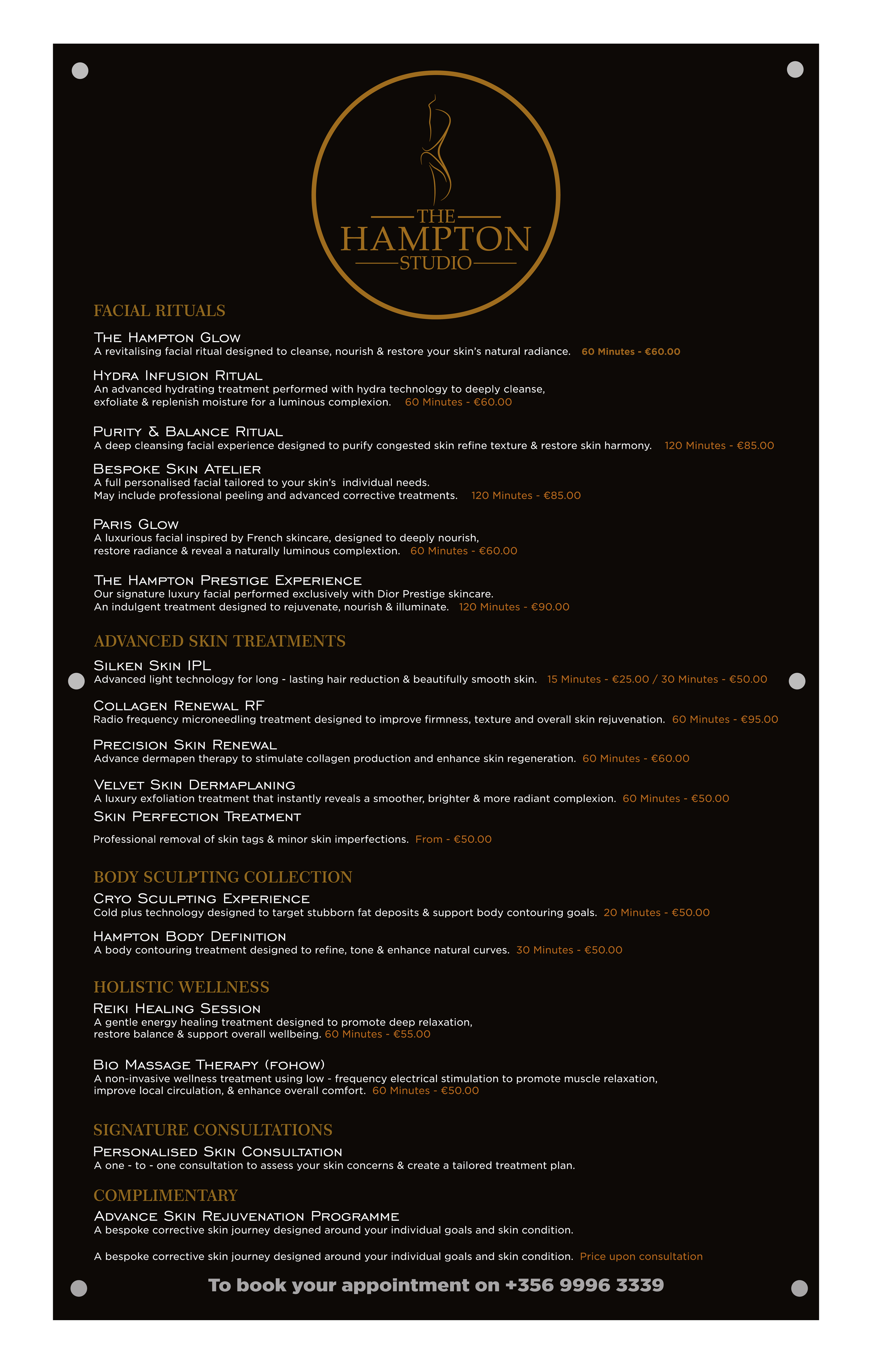 A promotional flyer for The Hampton Studio featuring various facial and skin treatments, advanced skin therapies, body sculpting, holistic wellness, and signature consultations, along with contact information and prices.