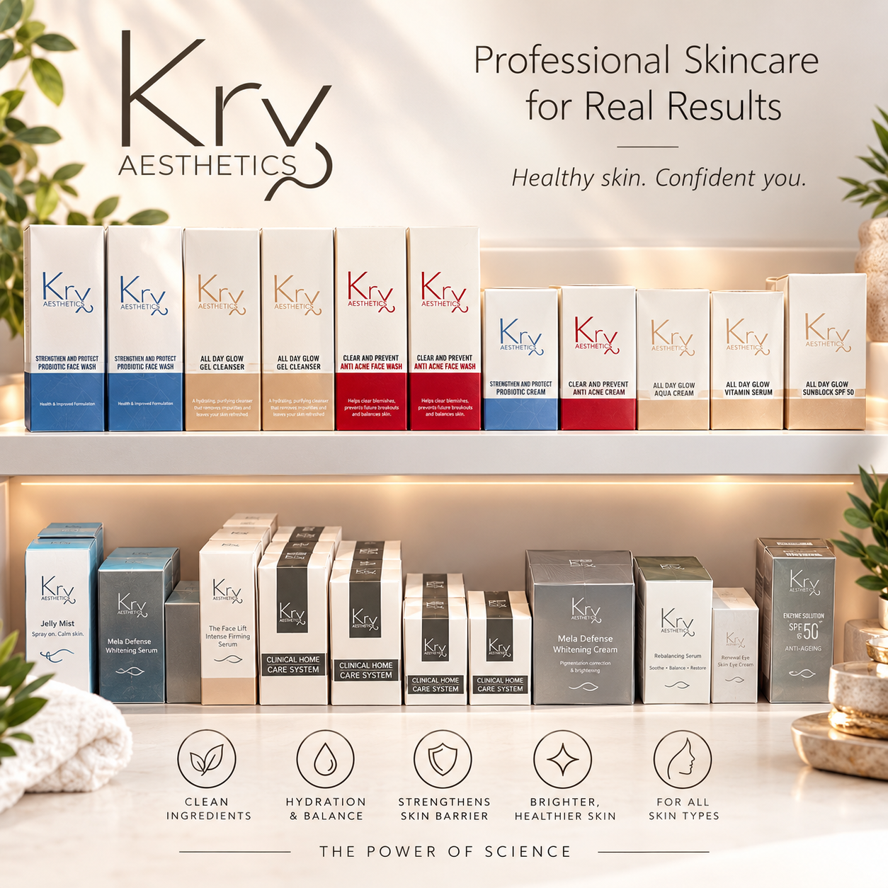 Display of Kry Aesthetics skincare products on a shelf, including face washes, serums, creams, and sunscreens, with promotional signage in the background.