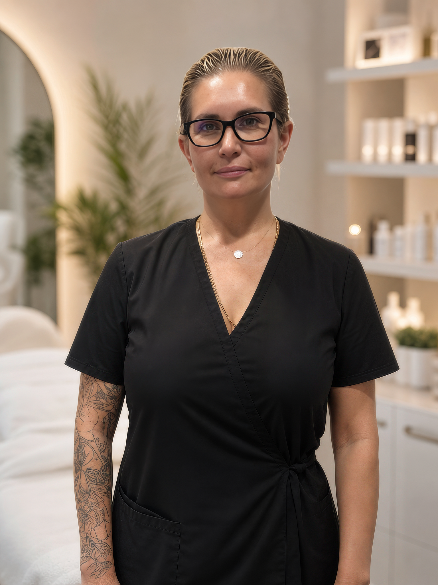 A woman with glasses wearing a black medical scrub top, standing indoors in a room with shelves and plants in the background.